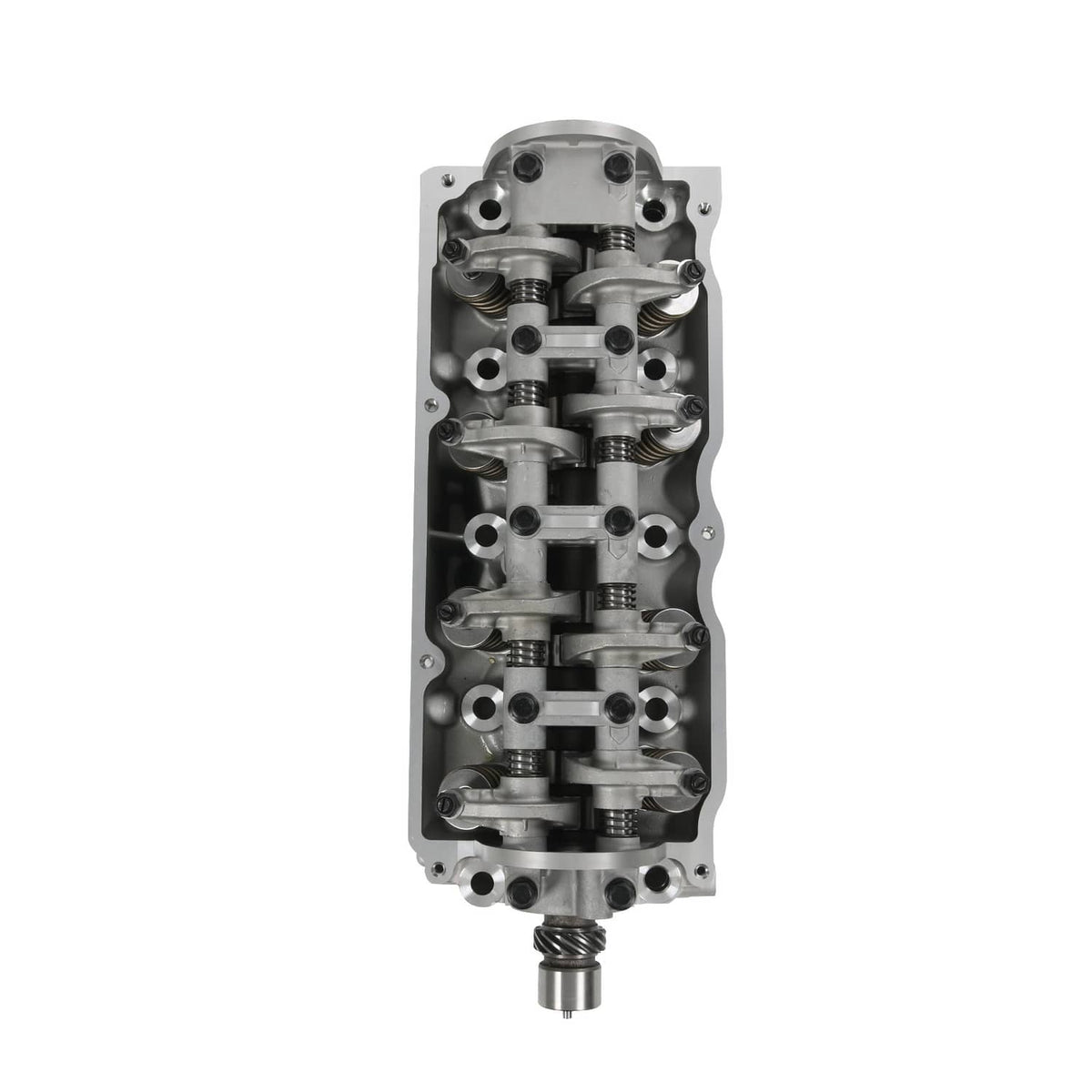 Cylinder head assembly end view showing internal passages and rocker components