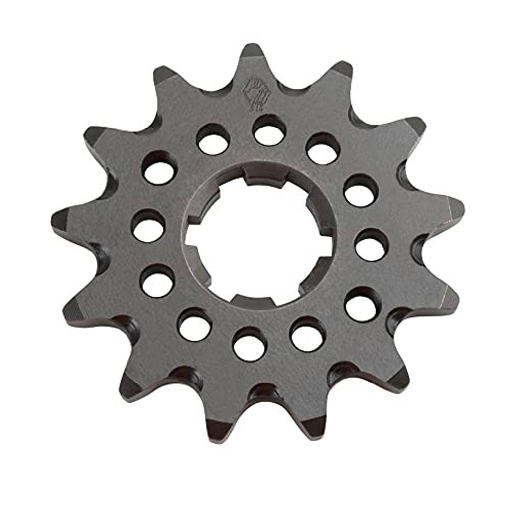 14-tooth front sprocket, dark gray sprocket plate with circular holes and center opening