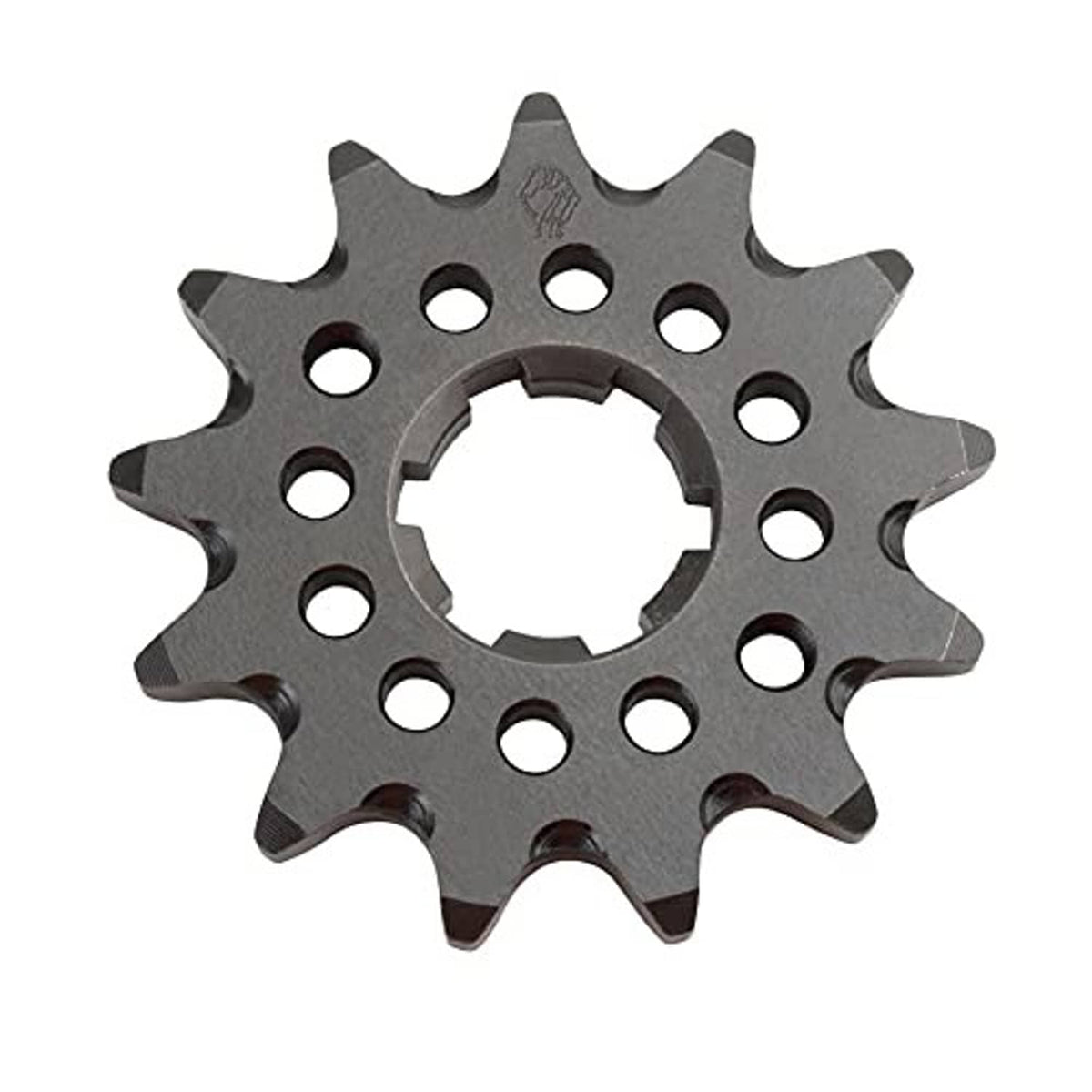 14-tooth front sprocket, dark gray sprocket plate with circular holes and center opening