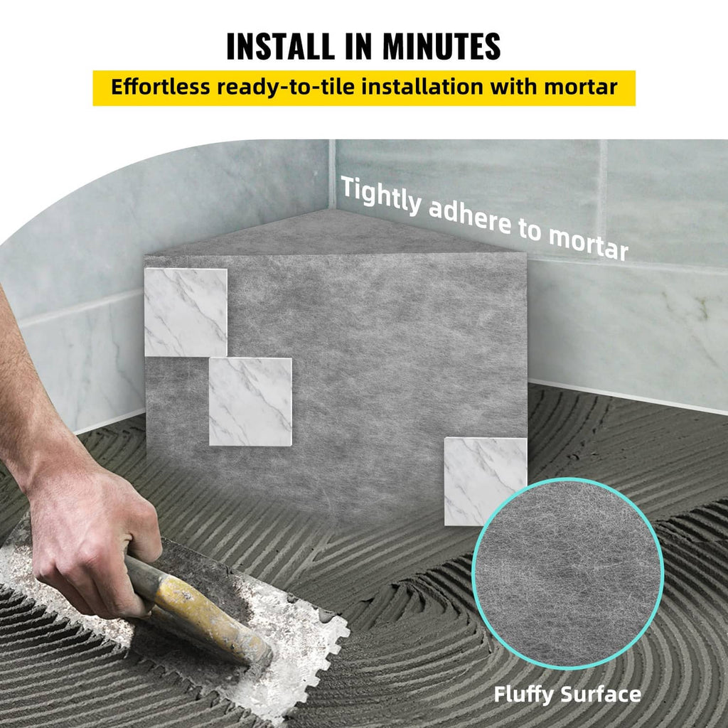 Gray triangular shower bench board seat for mortar installation, close-up