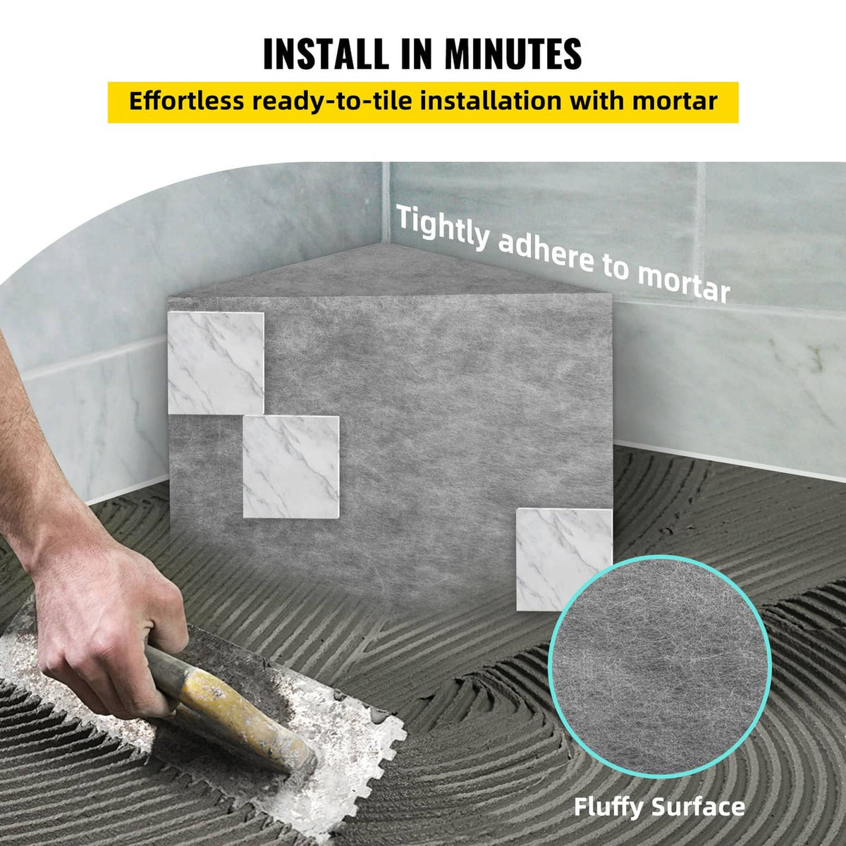 Gray triangular shower bench board seat for mortar installation, close-up