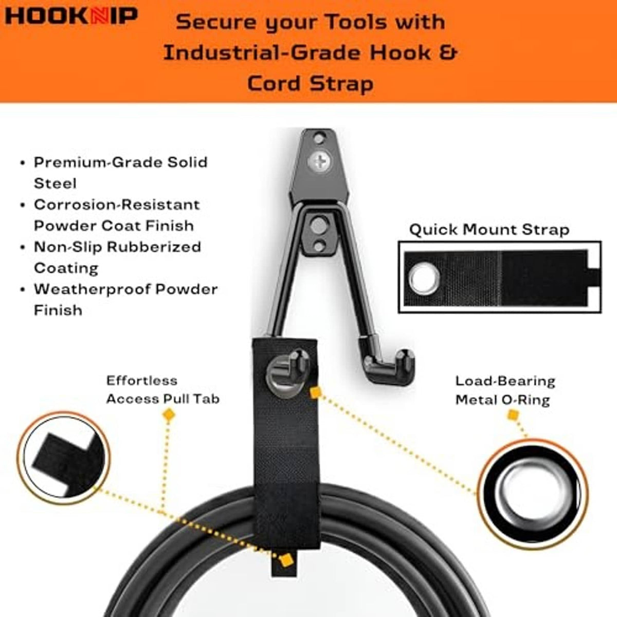 Black industrial wall hook with cord strap, metal O-ring, and non-slip rubberized grip