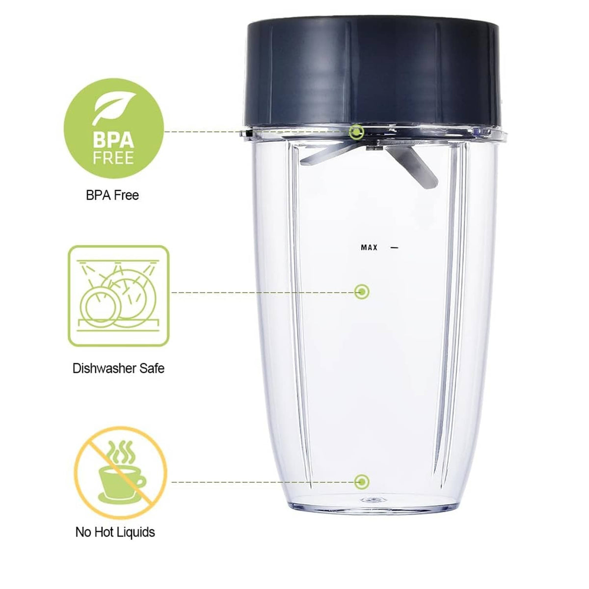 Clear blender cup with BPA-free and dishwasher-safe icons and black blade holder