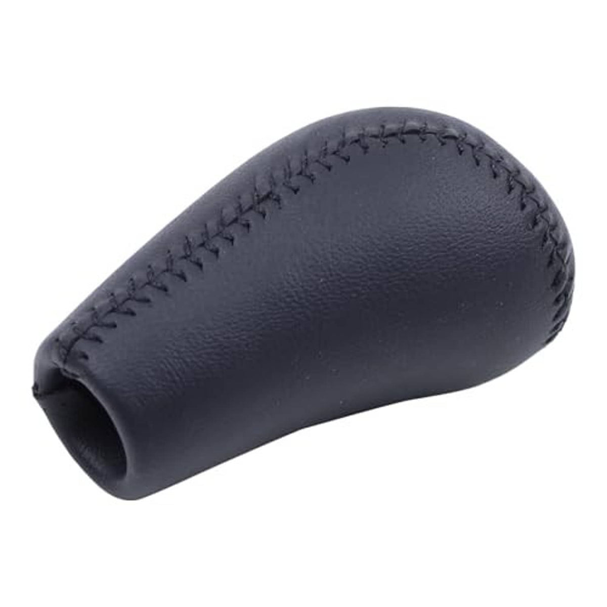 Leather gear shift knob side view with stitched panel and open end
