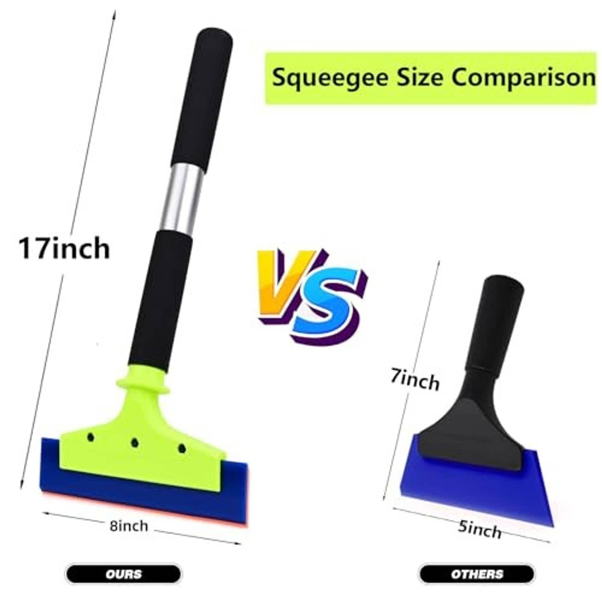 Window tint squeegee with neon green 8-inch head and long black handle