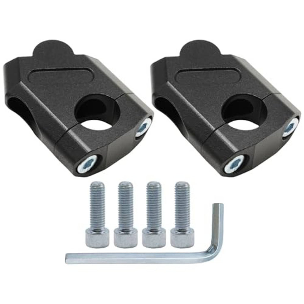 Black motorcycle handlebar riser clamps with hardware kit, two-piece set