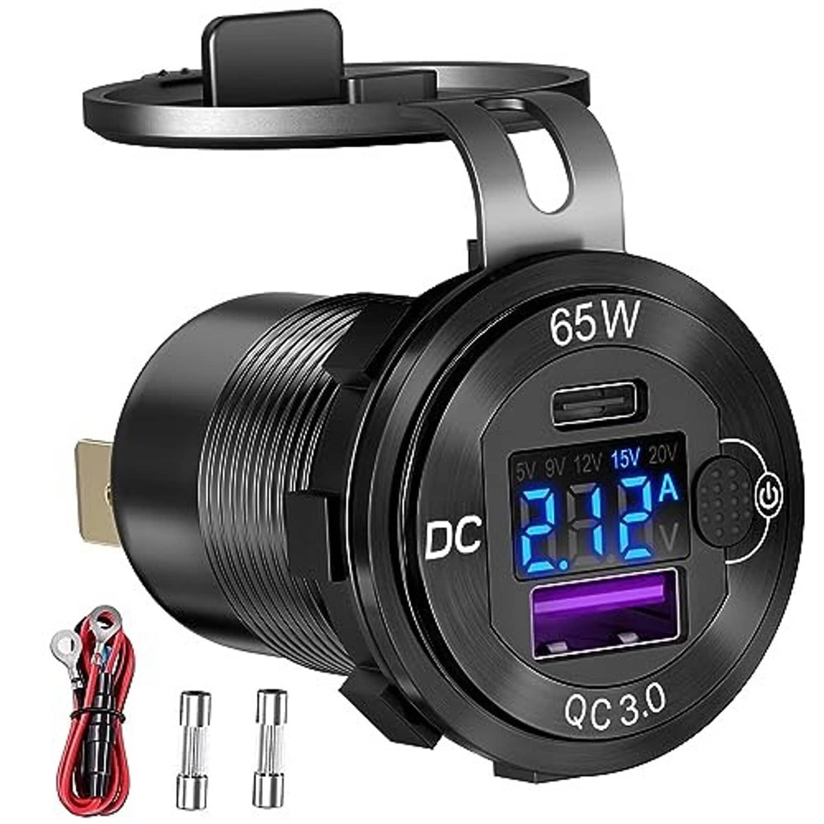 Round 65W car USB charger with QC 3.0 port, blue screen display, and mounting prongs