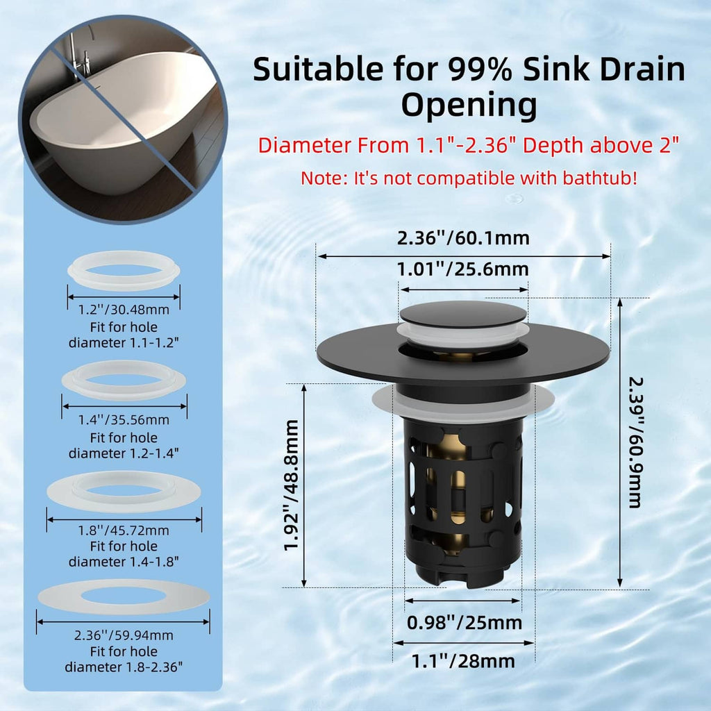 Matte black sink drain stopper with round cover and strainer basket size profile