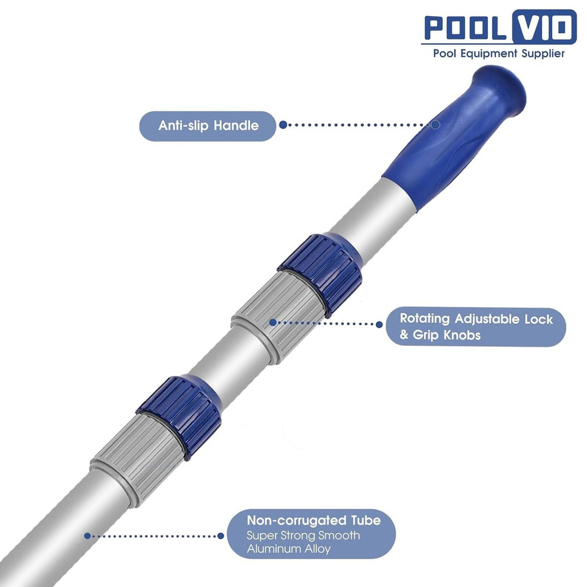 Telescopic pool pole with anti-slip blue handle and rotating adjustable lock knobs