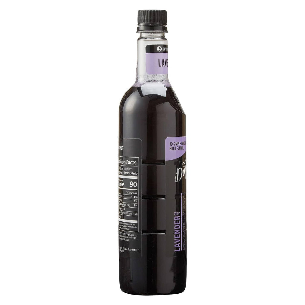 Lavender syrup bottle with dark glass body and black cap