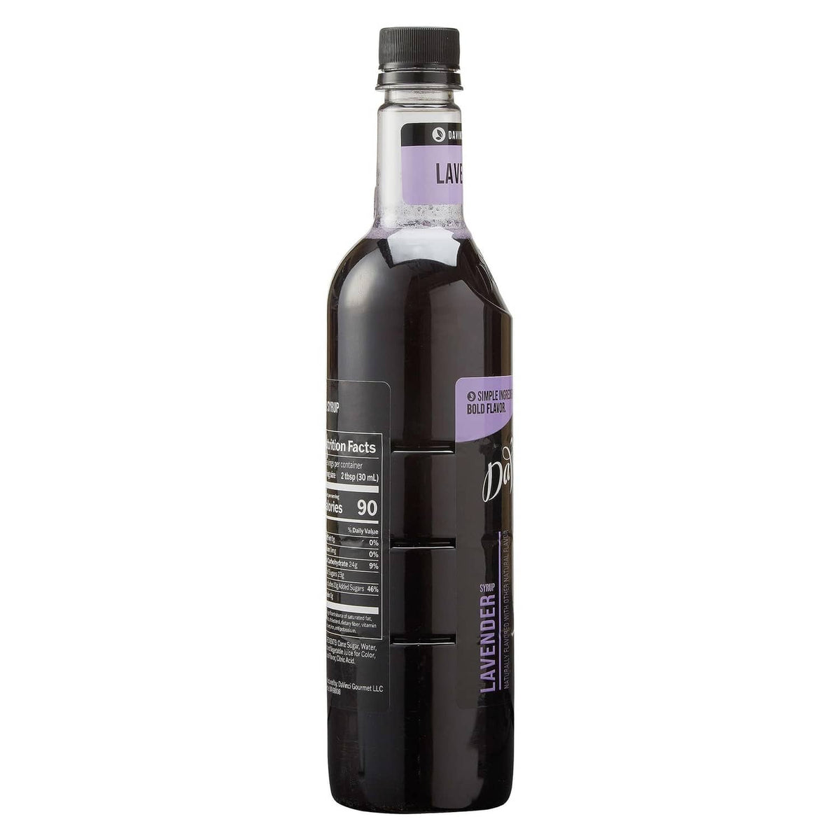 Lavender syrup bottle with dark glass body and black cap