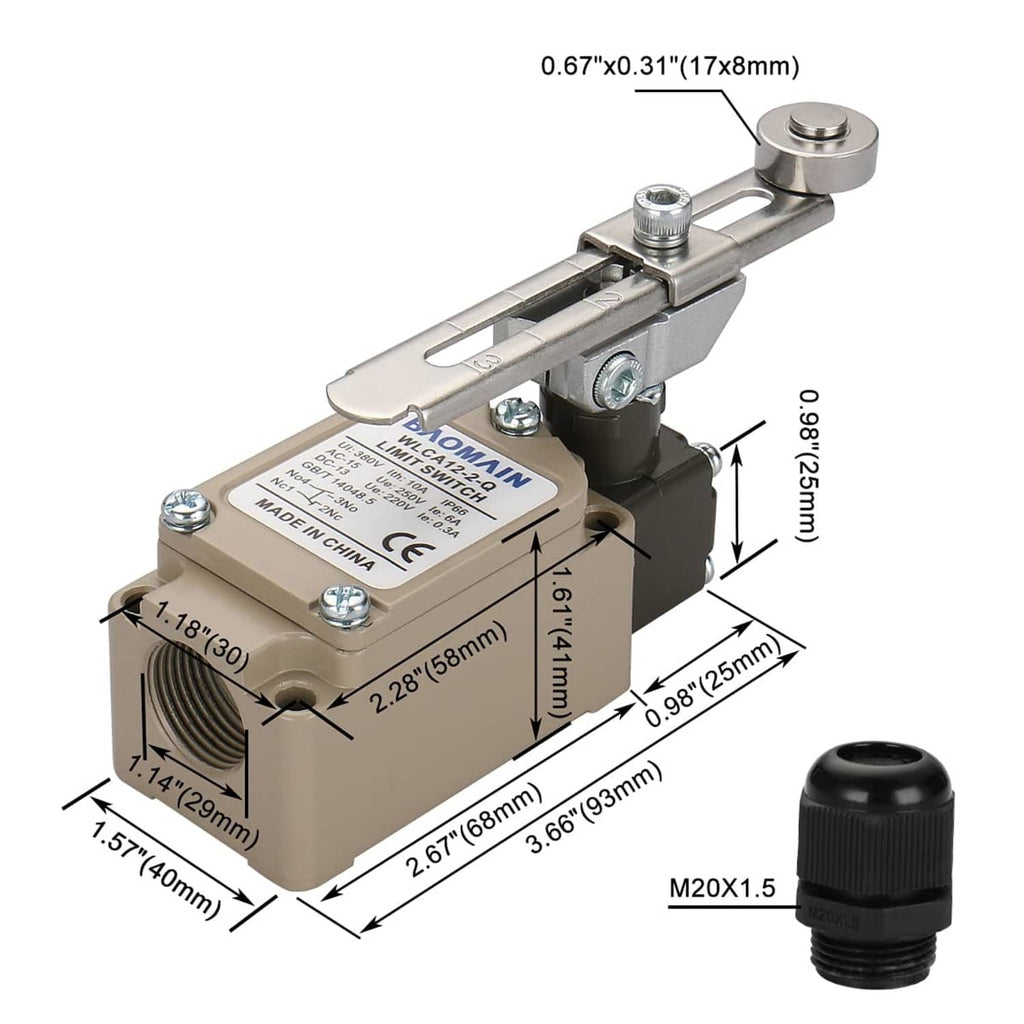 Adjustable roller lever limit switch with dimension labels and cable port