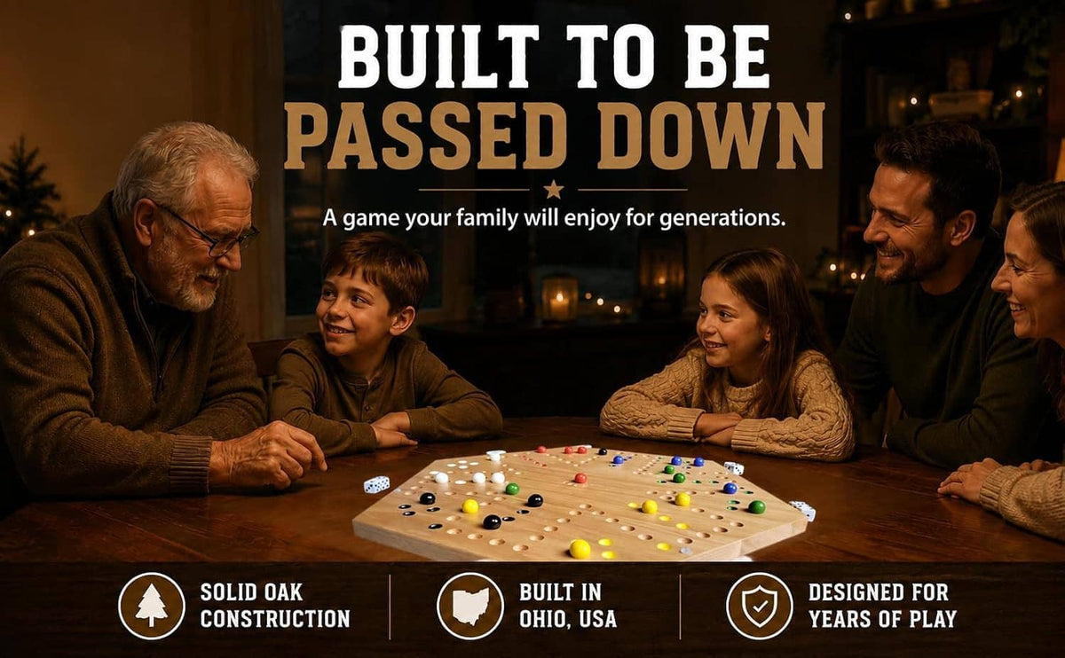 Family playing a hexagonal marble board game with dice and multicolored marbles