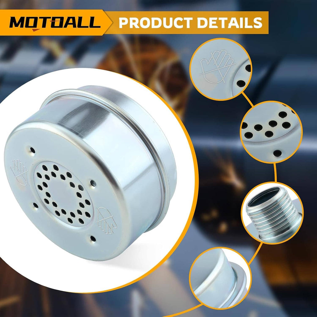 Lawn mower muffler with perforated exhaust screen and threaded outlet