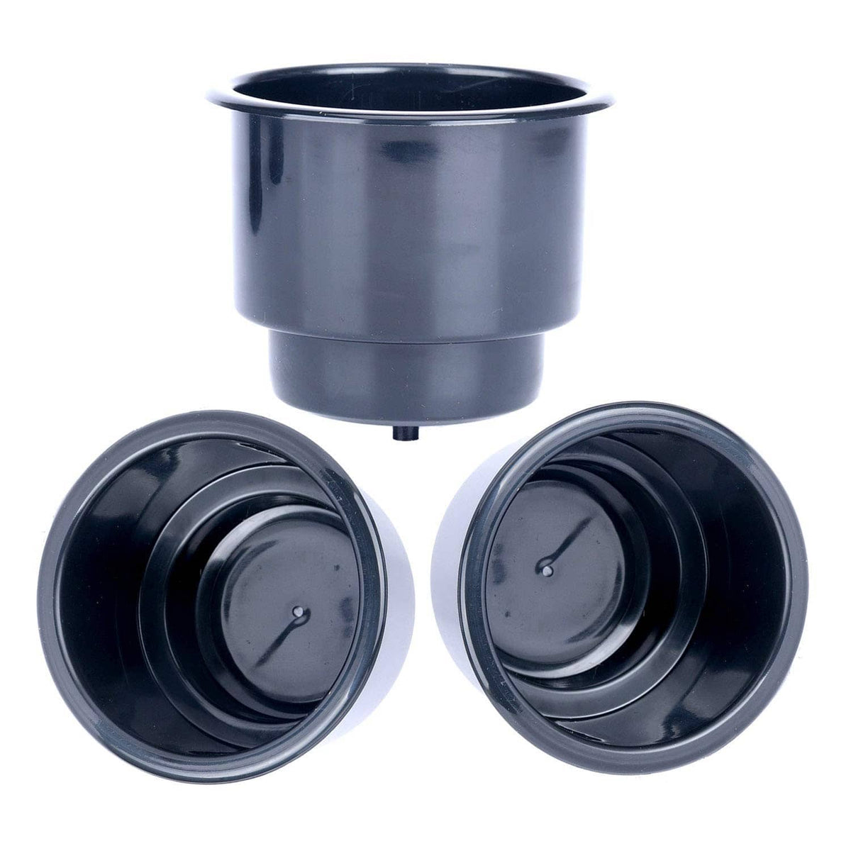 Set of 3 black recessed cup drink holders with circular tops and inner cup channels