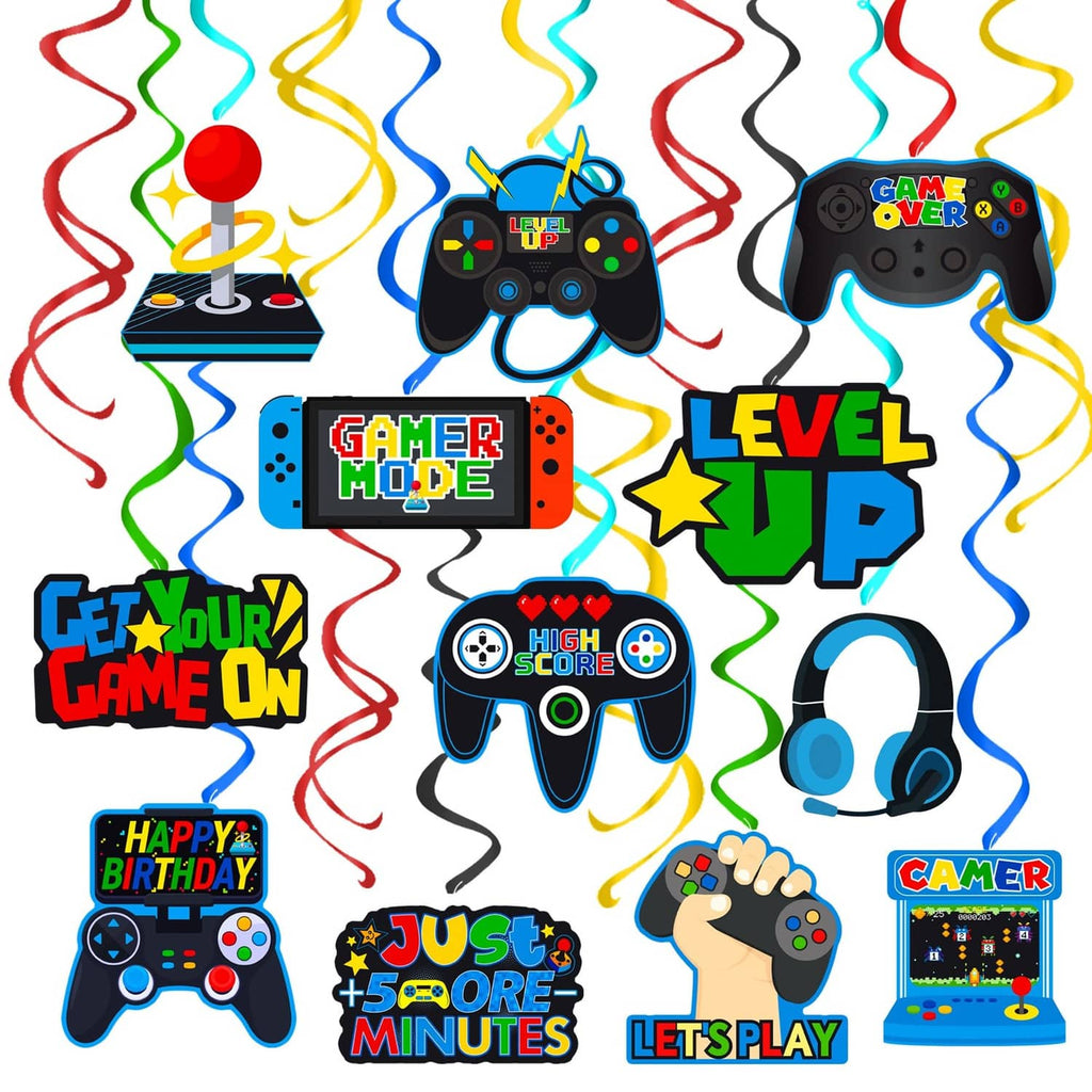 Video game party hanging swirl decorations set with blue controller cutouts and signs