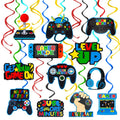 Video game party hanging swirl decorations set with blue controller cutouts and signs