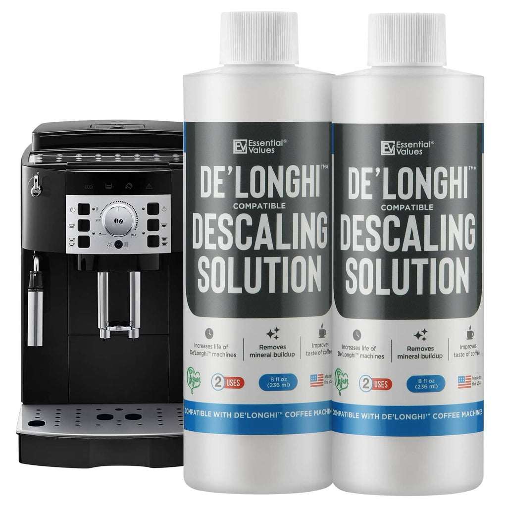 Two white descaling solution bottles with caps beside a coffee machine