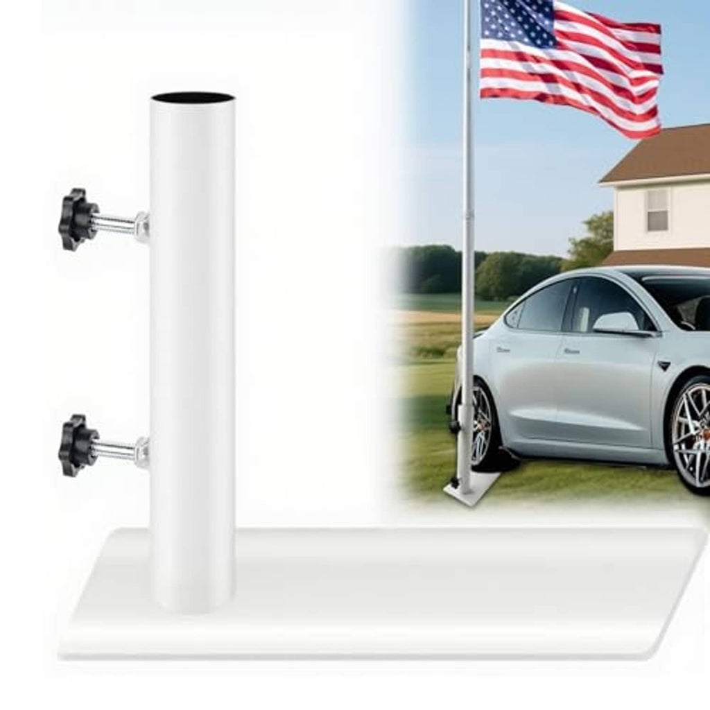White metal tire mount for a flagpole with vertical post and two screw clamps
