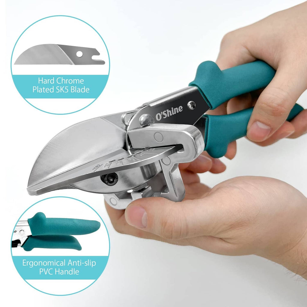 Teal grip miter shears with chrome blade and locking mechanism, held in hand