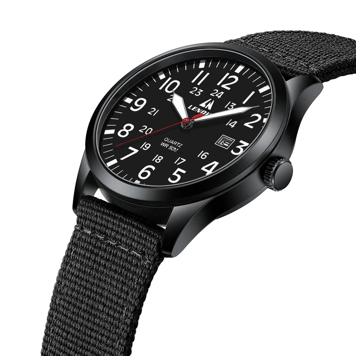 Black military sport watch with black dial and black woven nylon strap