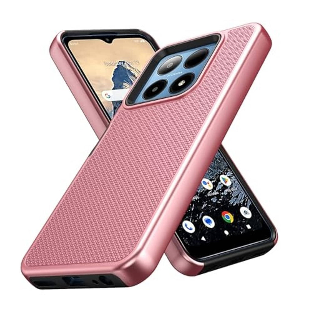 Rose gold textured phone case with screen protector, angled view showing camera cutouts