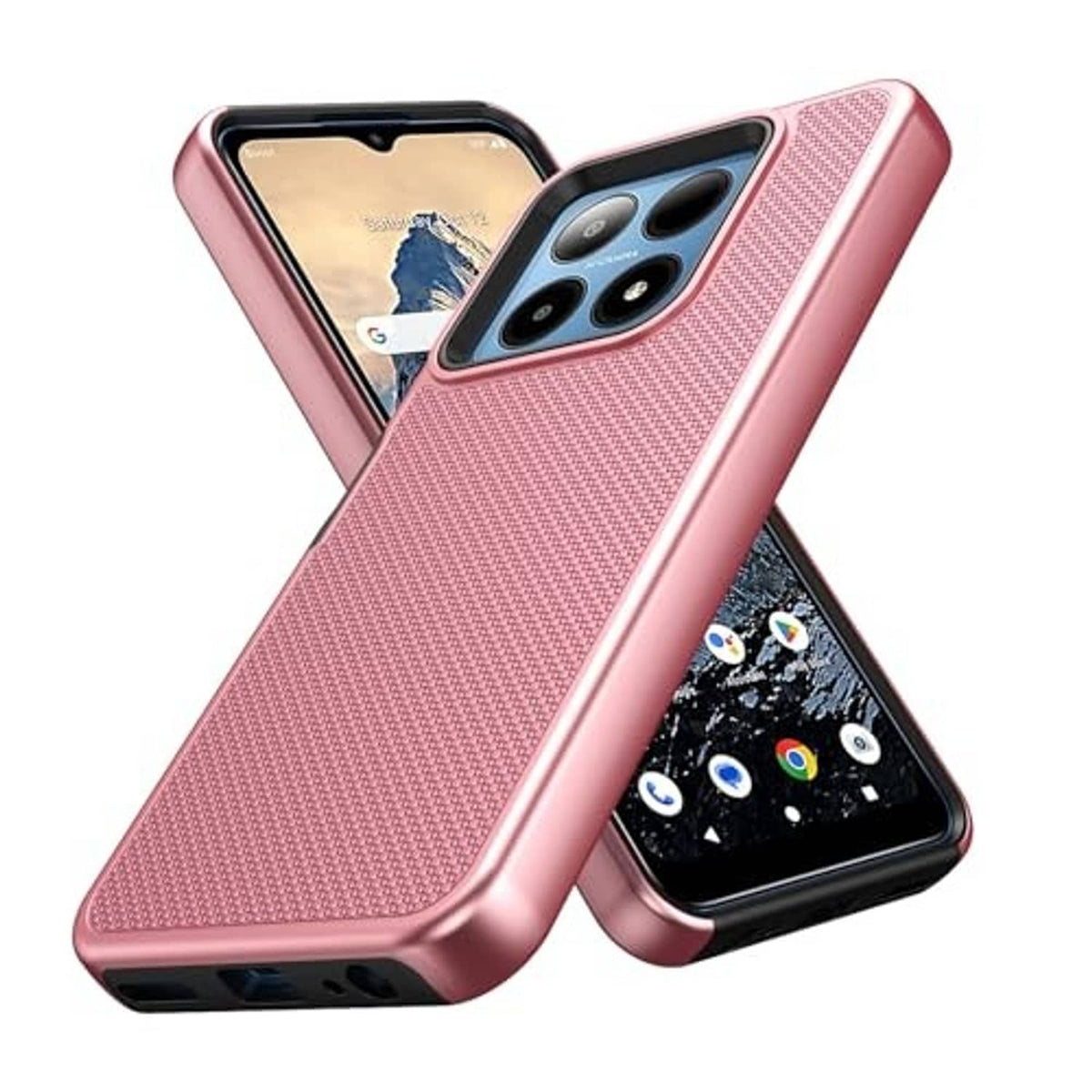 Rose gold textured phone case with screen protector, angled view showing camera cutouts
