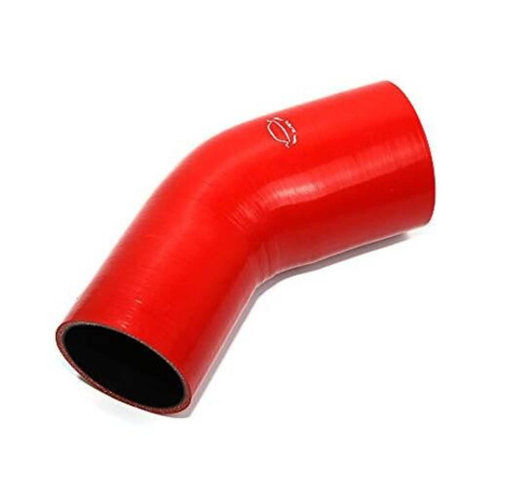 Red silicone 45° elbow reducer coupler with two black openings and embossed white mark