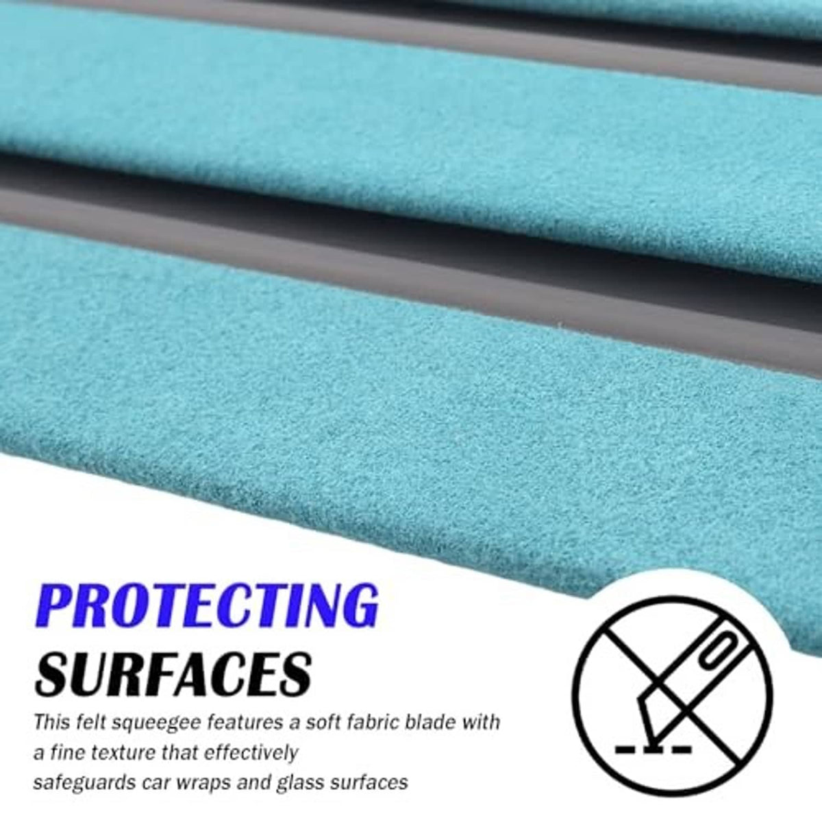 Teal soft-fabric squeegee blade pad on gray scraper edge for protecting surfaces