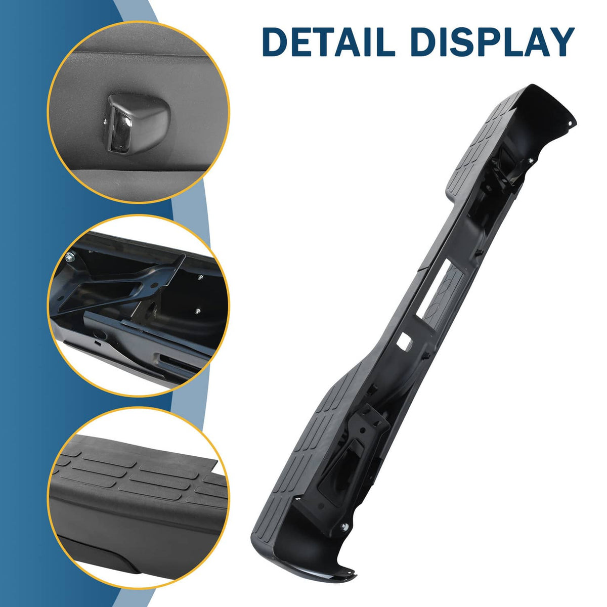 Black step bumper side panel detail with angled surface and mounting hardware