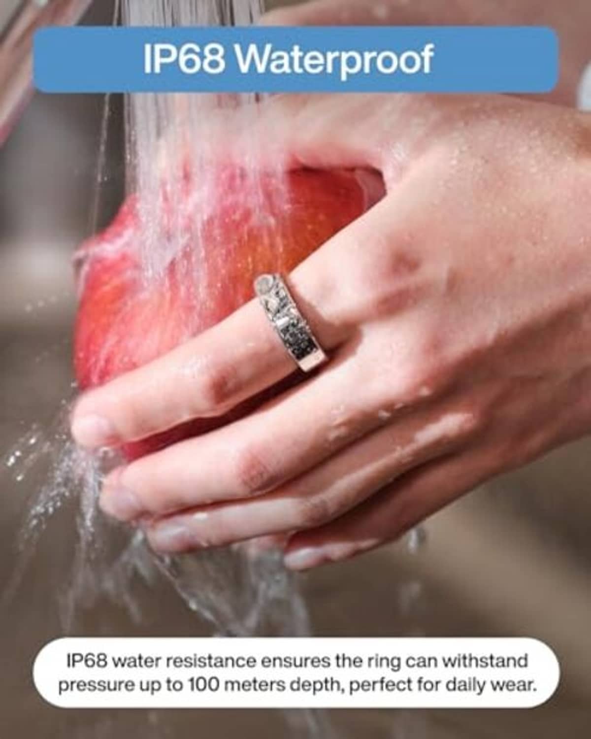 Silver smart ring on hand under running water