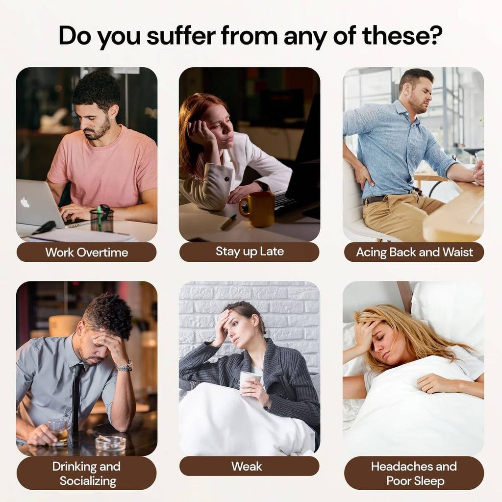 Herbal tea benefits infographic with three person scenes: sleep, fatigue relief, back comfort