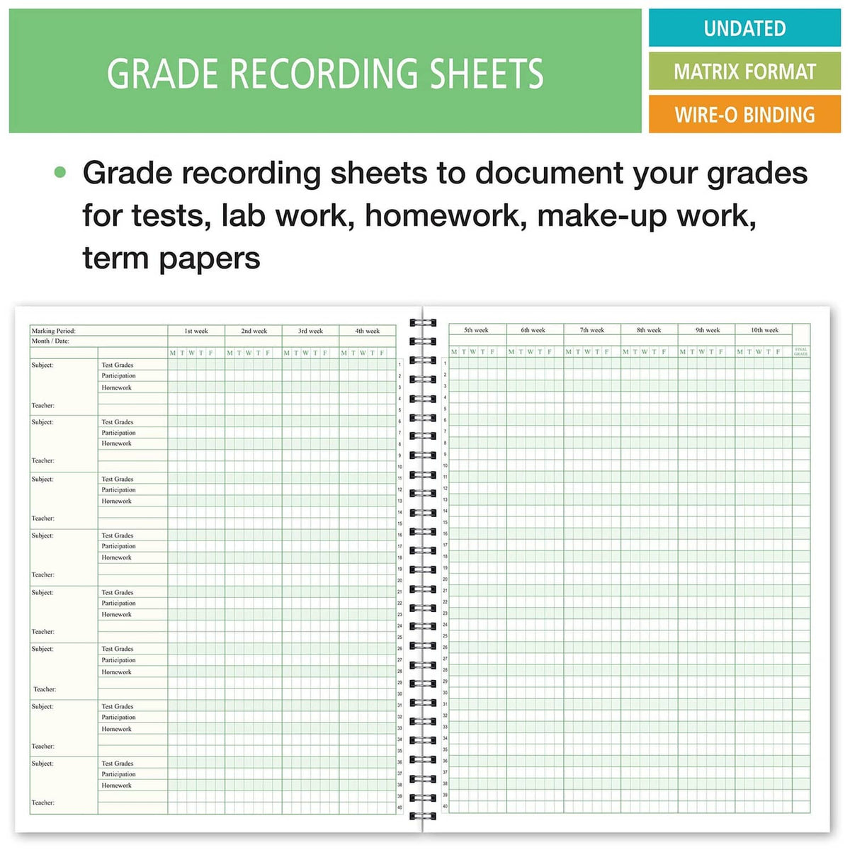 Student planner grade recording sheets grid for tests, homework, and make-up work