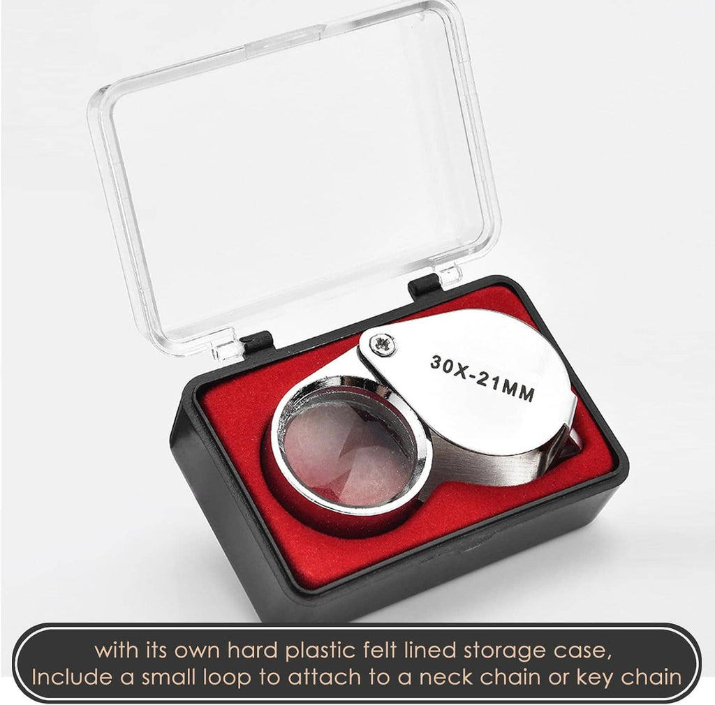 Foldable jewelry loupe in hard plastic felt-lined storage case