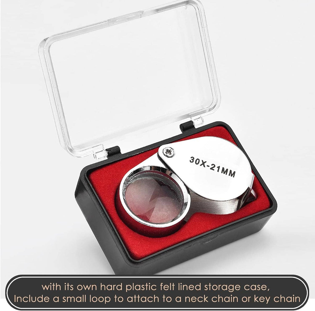 Foldable jewelry loupe in hard plastic felt-lined storage case