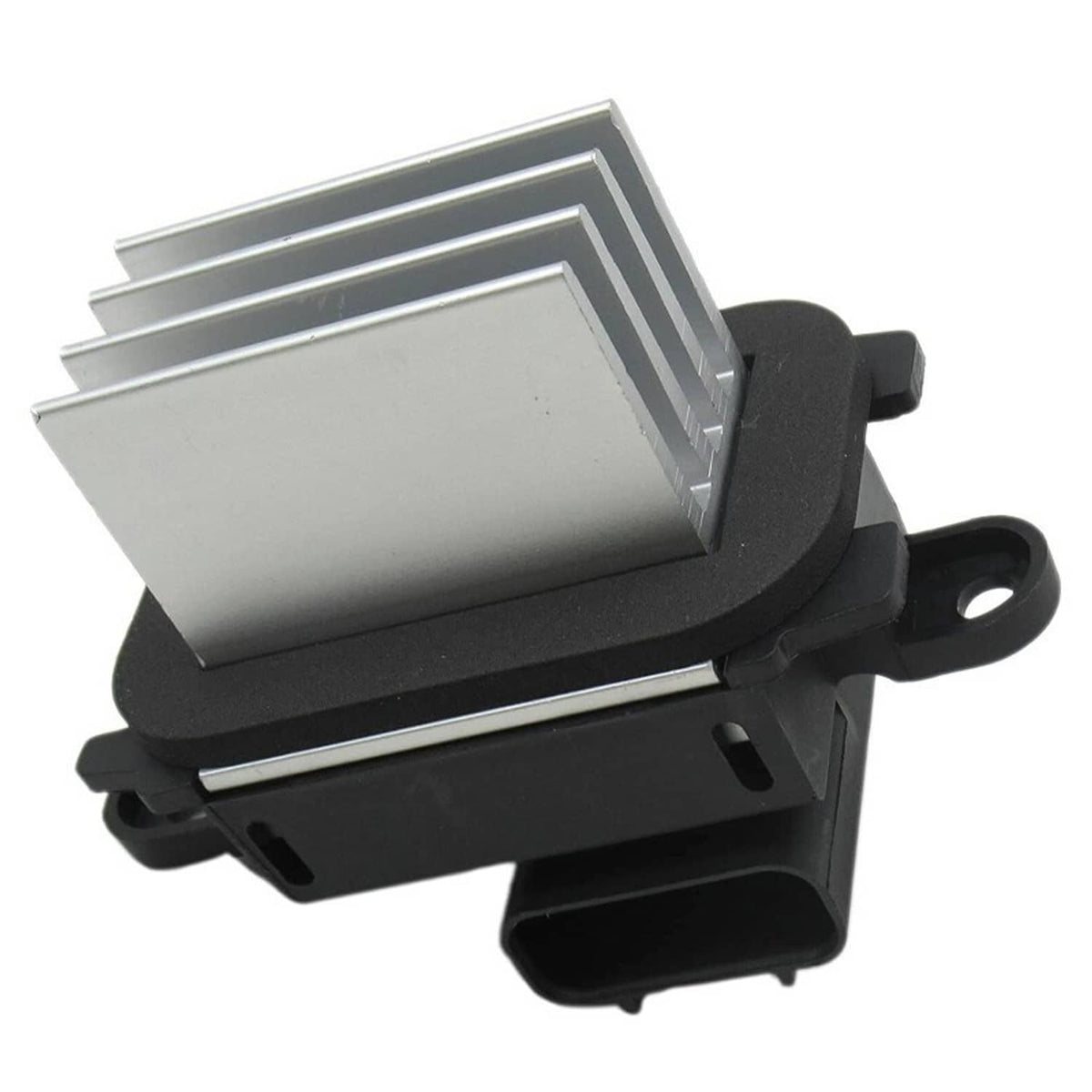HVAC blower motor resistor side view with finned aluminum heatsink and mounting tab