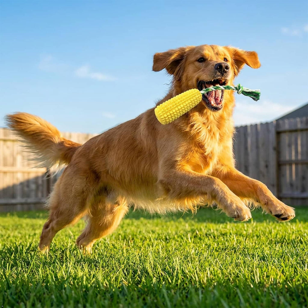 Yellow ribbed dog chew toy with green rope, held while chewing
