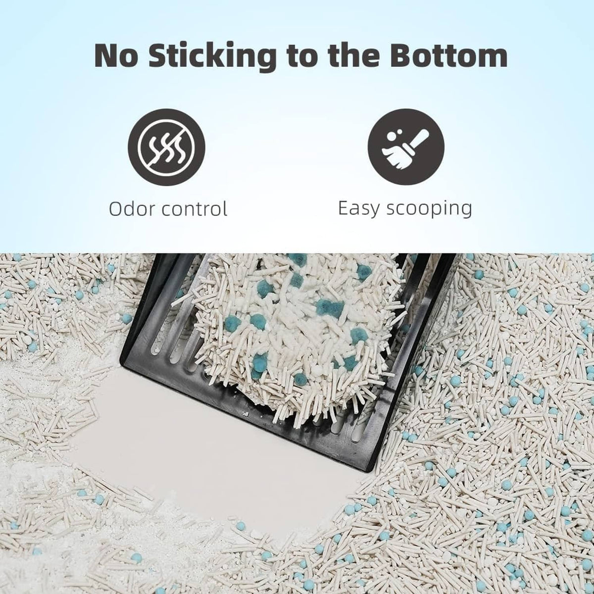 Cat litter in a black tray with loose white and blue-tinted granules
