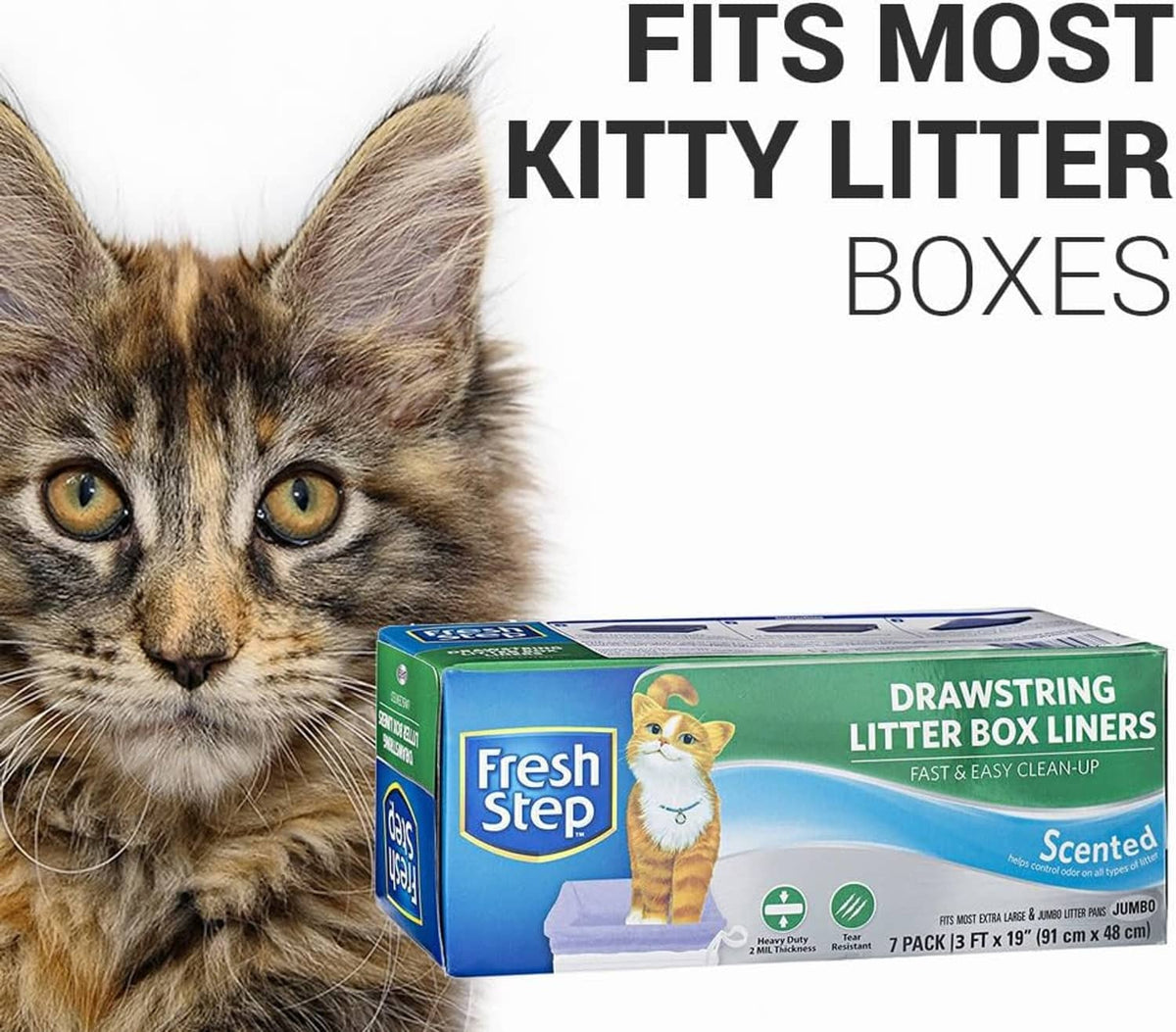 Cat beside Fresh Step drawstring litter box liners box, scented