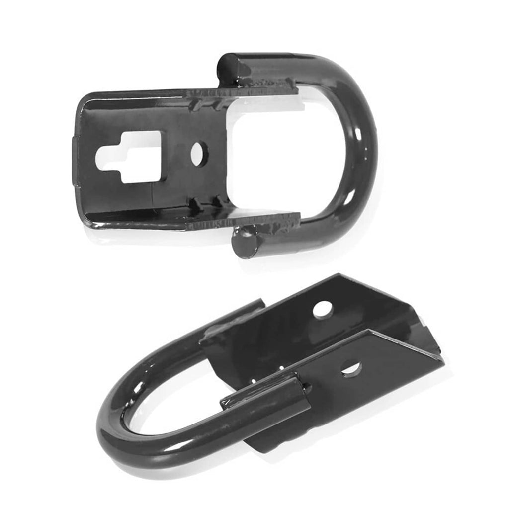 Black tow hook bracket pair with mounting plate and circular opening