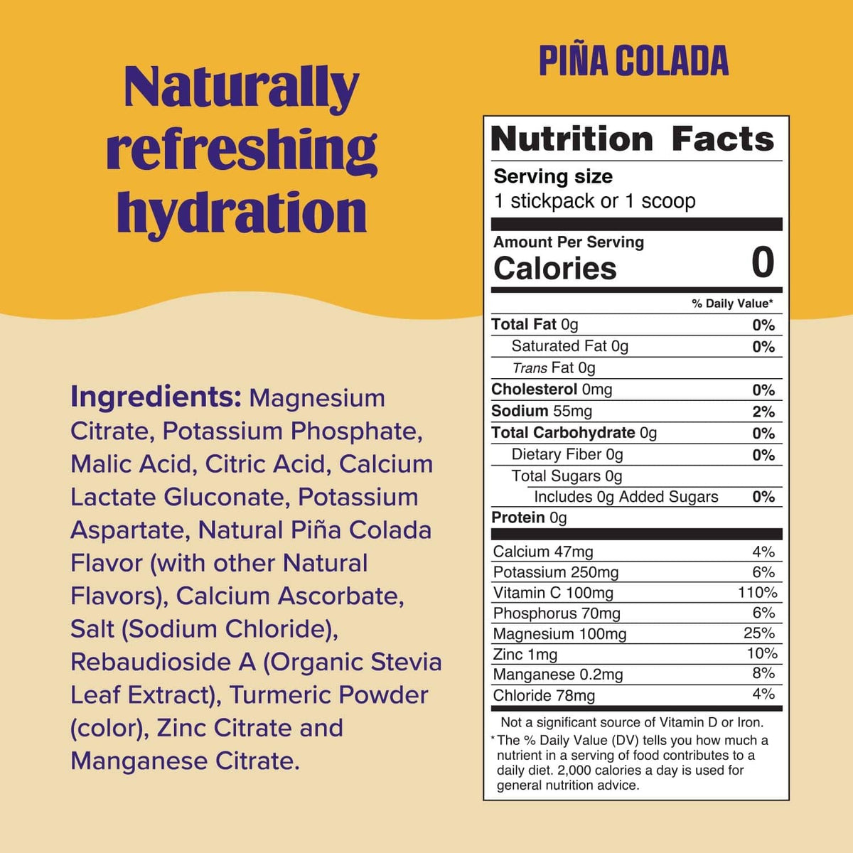 Electrolyte powder drink mix nutrition facts panel labeled “Pina Colada”