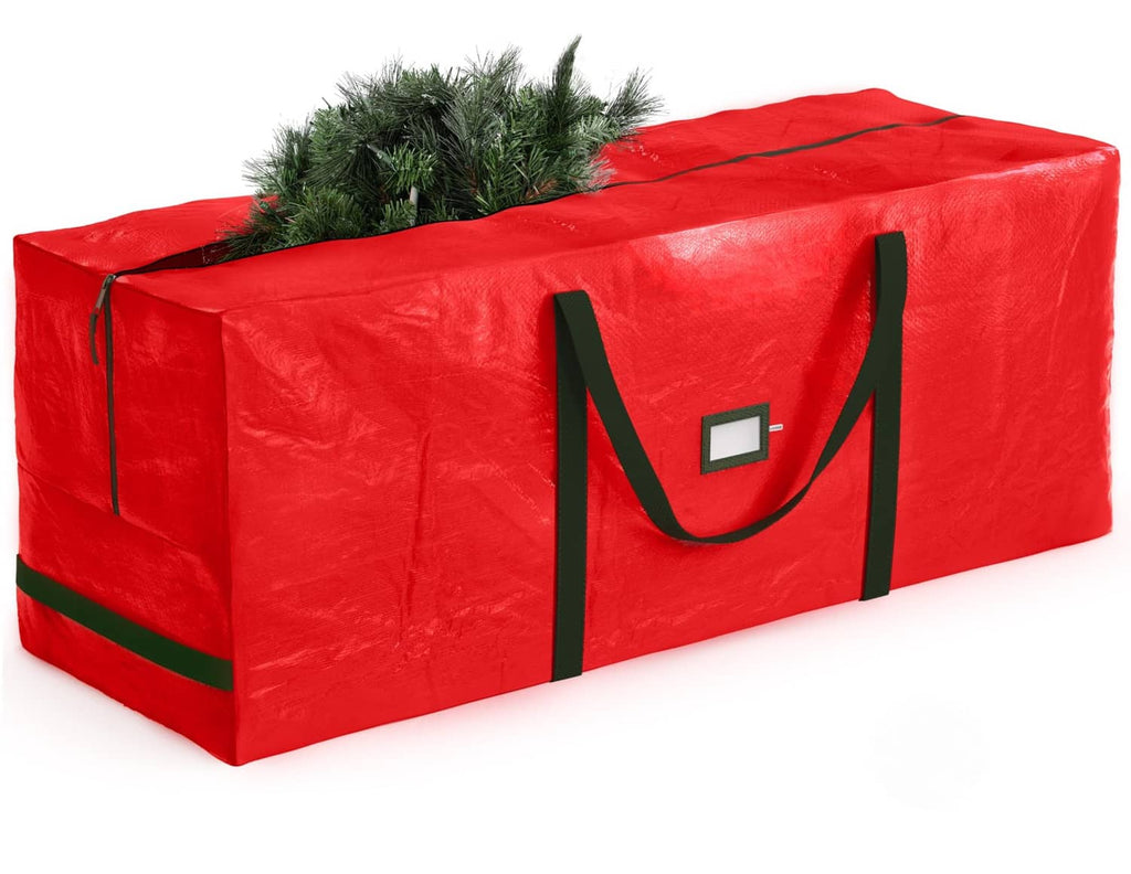 Red Christmas tree storage bag with green handles, holds a folded artificial 9 ft tree