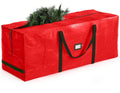 Red Christmas tree storage bag with green handles, holds a folded artificial 9 ft tree