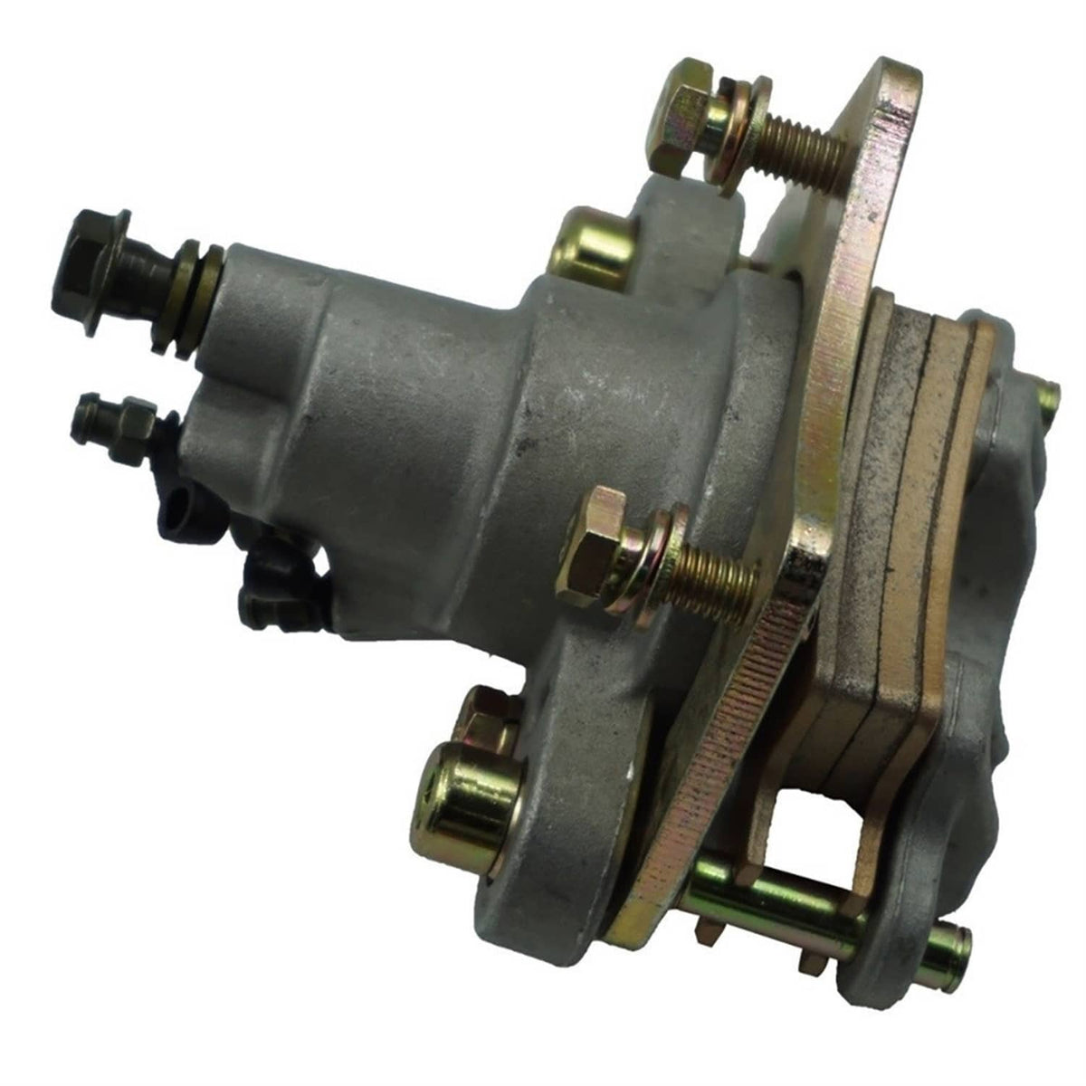 Rear brake master caliper actuator side view, gray body with hardware and mounting parts
