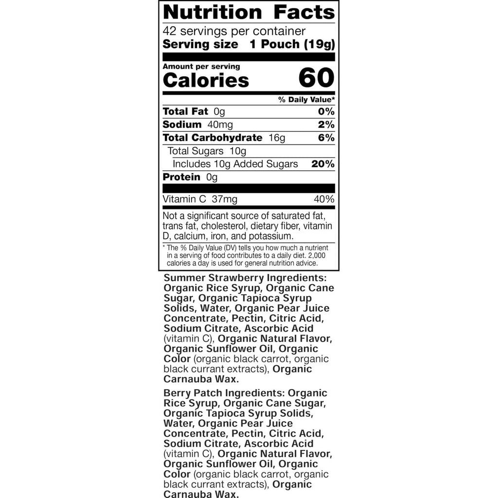 Nutrition Facts label for 42 servings per container, serving size 1 pouch (19g)