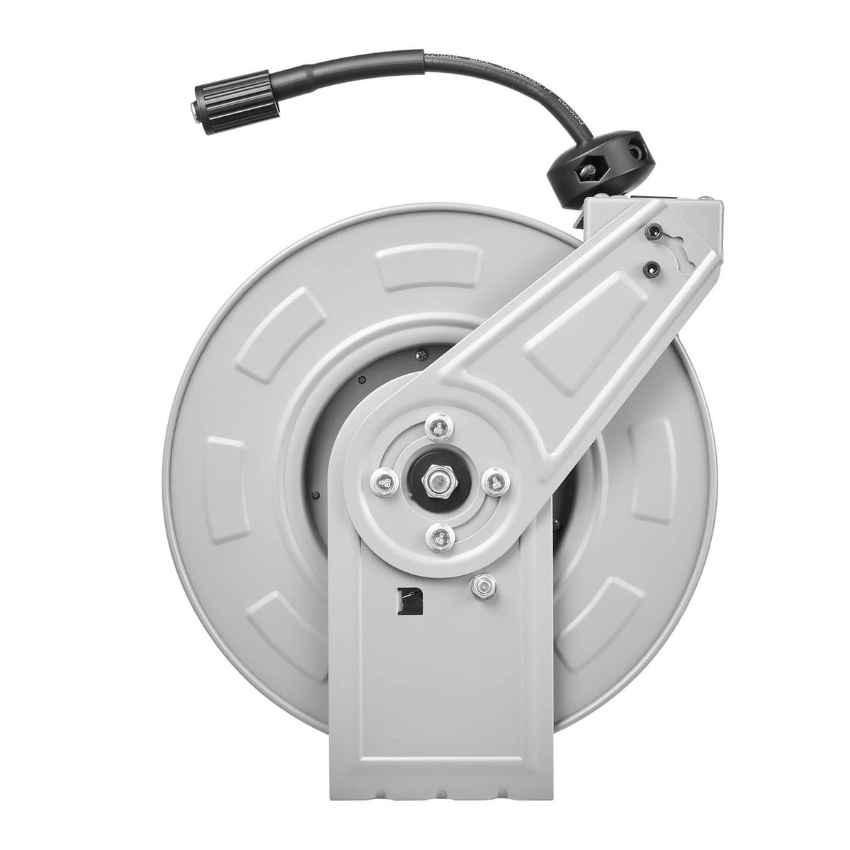 Retractable pressure washer hose reel close-up of inlet fitting and mounting bracket