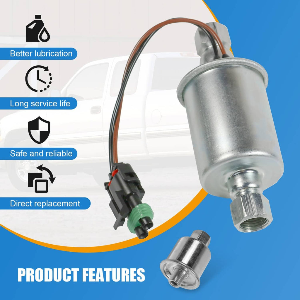 Diesel fuel lift pump with cylindrical metal housing and wiring harness with connector