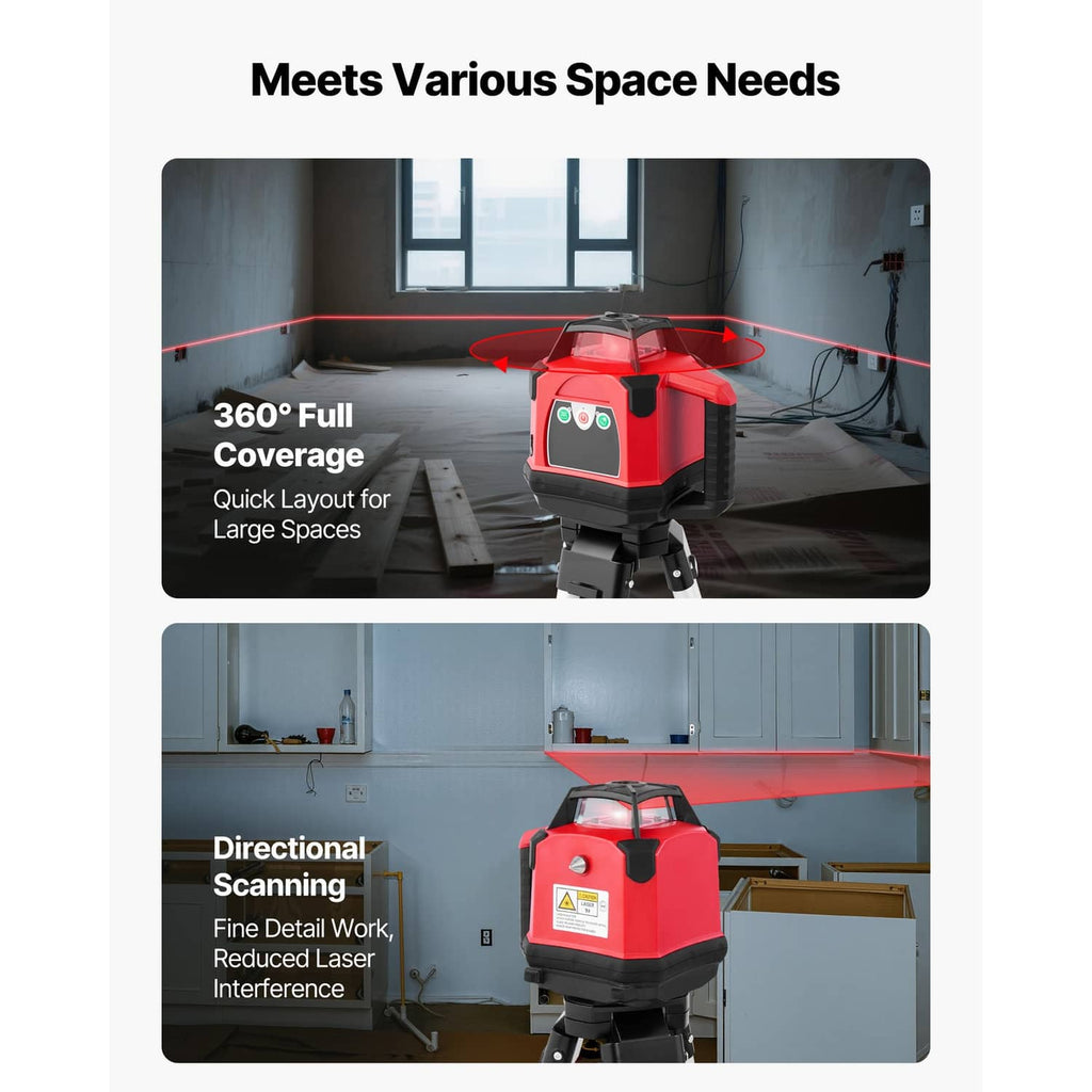 Red rotary laser level on tripod showing 360° coverage in indoor layout