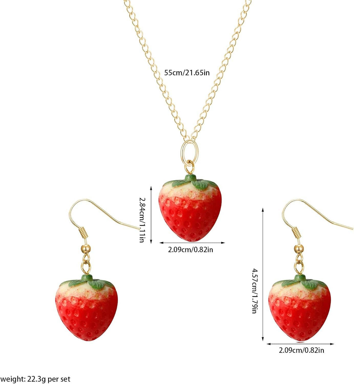 Gold-tone strawberry pendant necklace with dangling strawberry charm earrings set