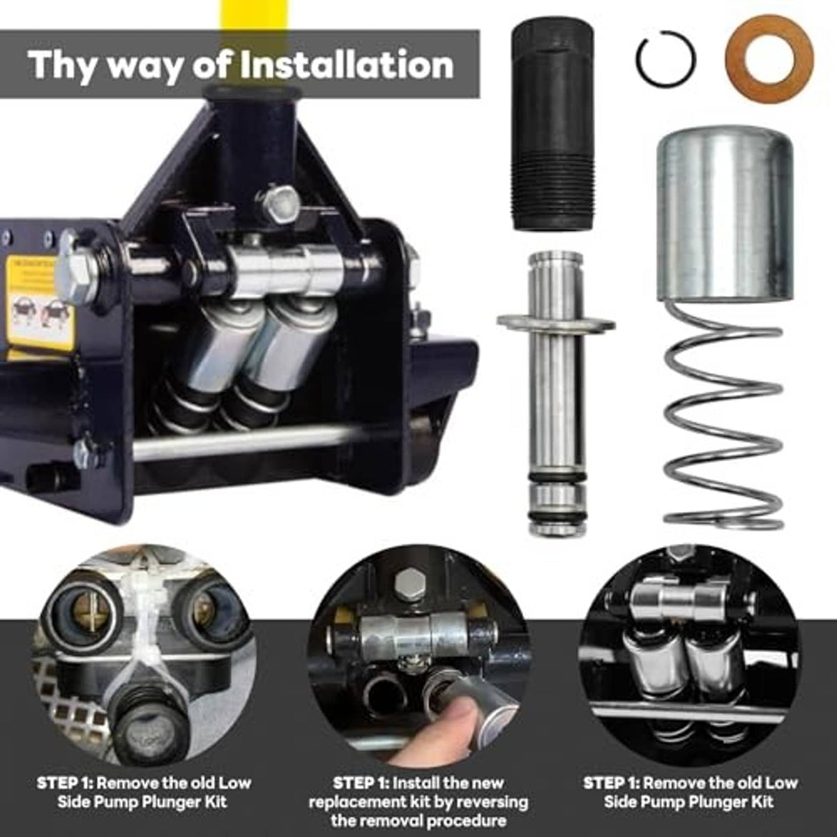 Hydraulic floor jack installation kit parts shown beside floor jack pump components